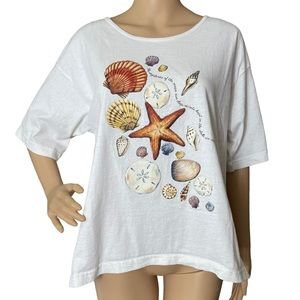 White Cotton Screenprinted Tee ocean starfish XL